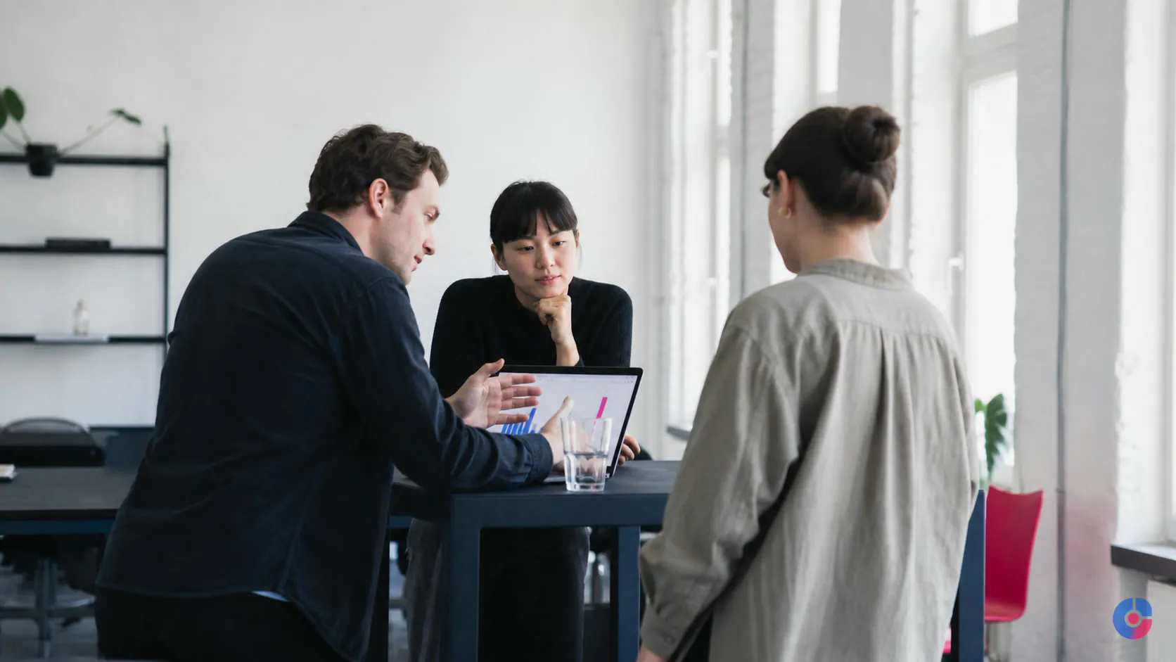 Startup team discussing operations capacity around a standing desk