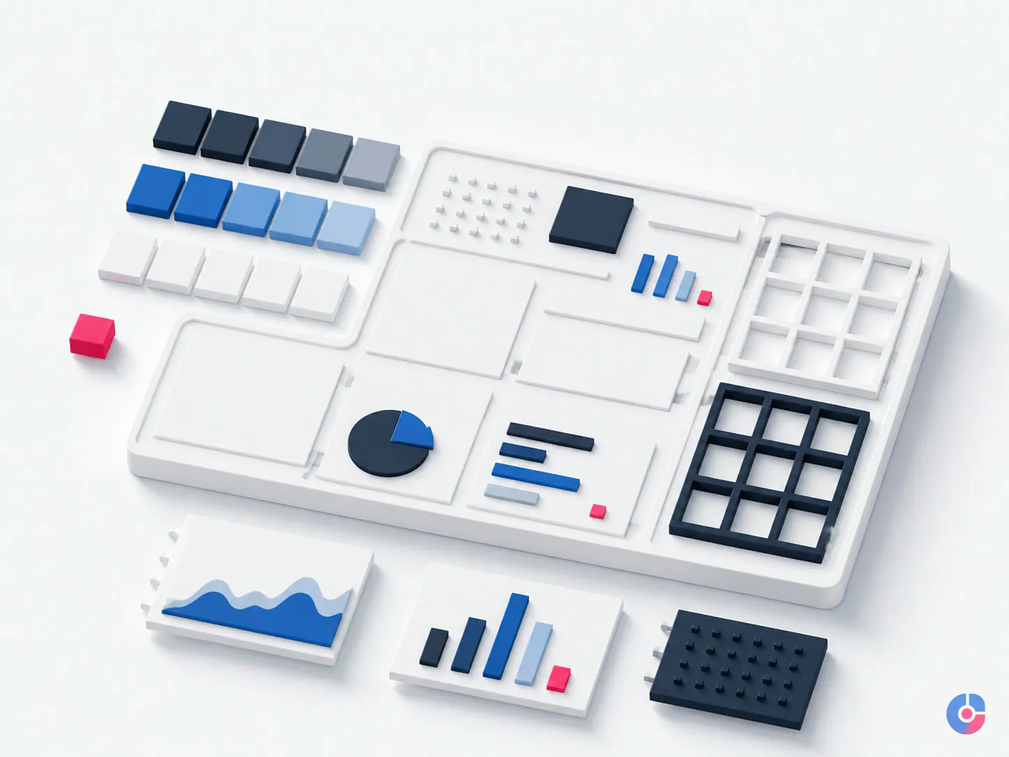 Isometric render of a modular brand design system assembled from shared components