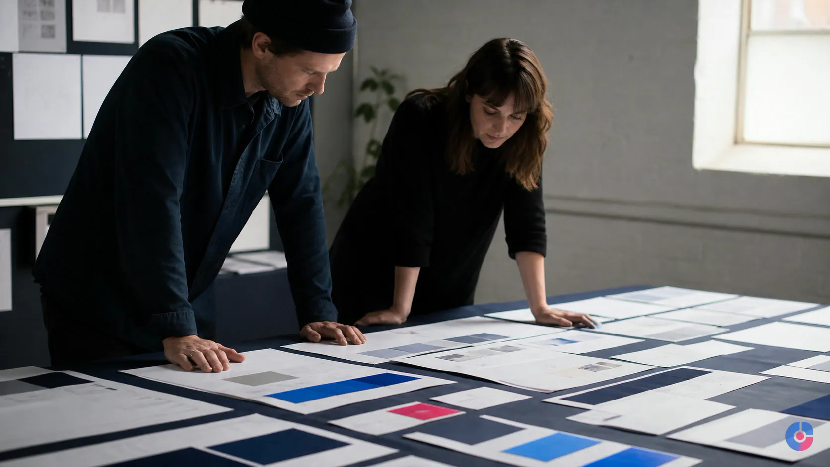 Designer and founder reviewing printed brand identity elements laid out on a table