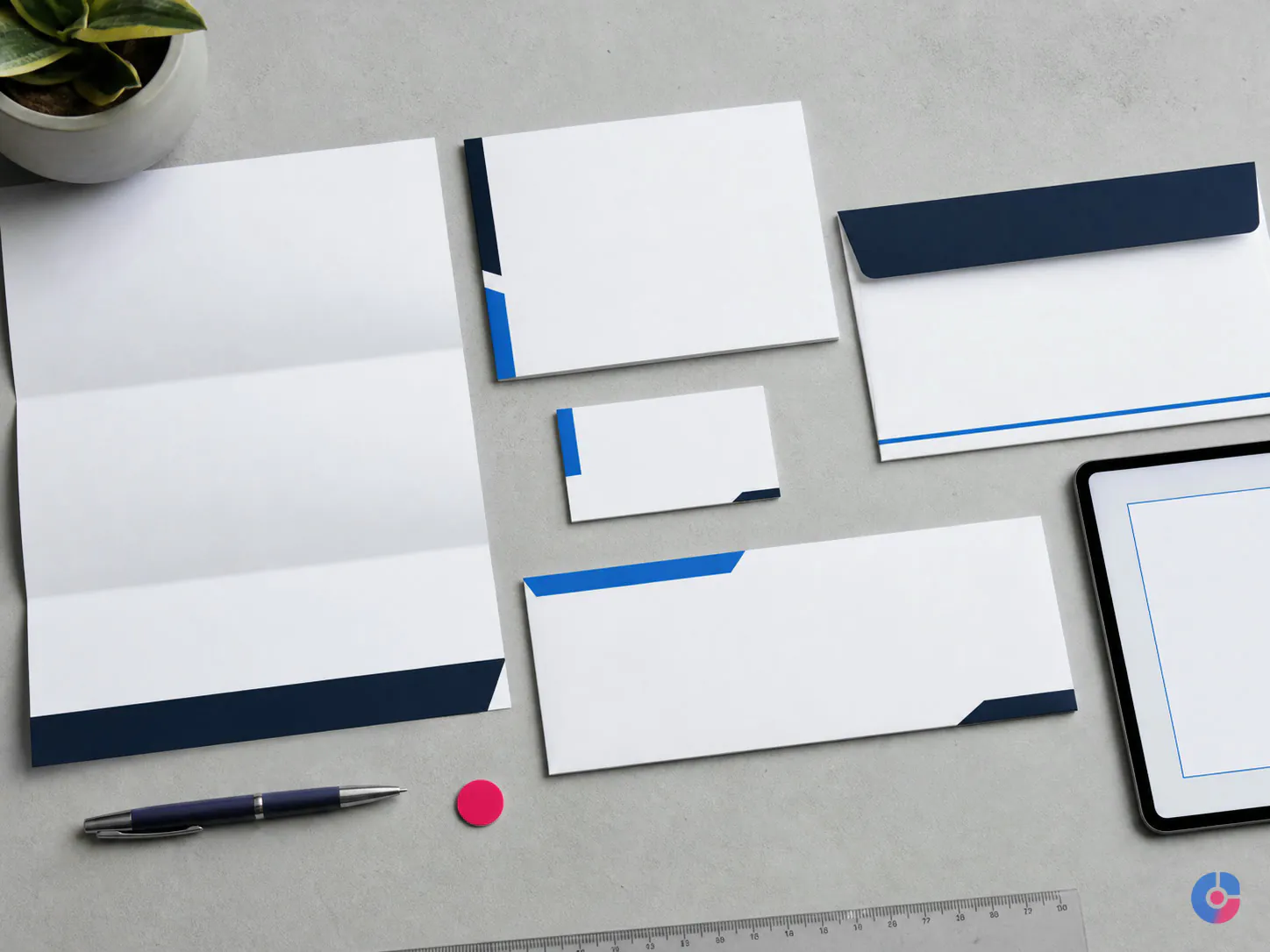 Overhead view of blank branded templates prepared for consistent asset production