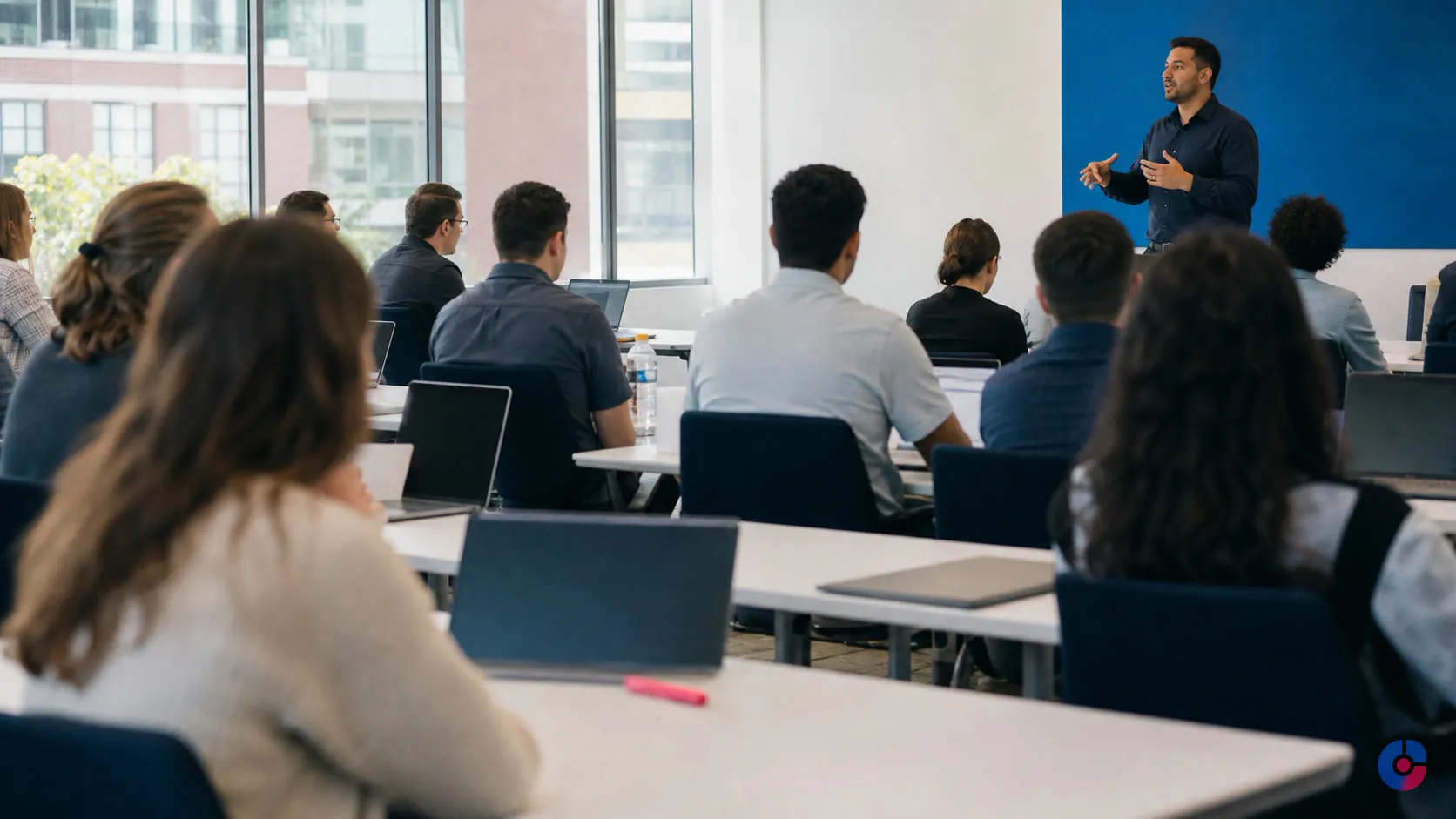 New starter cohort in a training room on the first day of batched onboarding