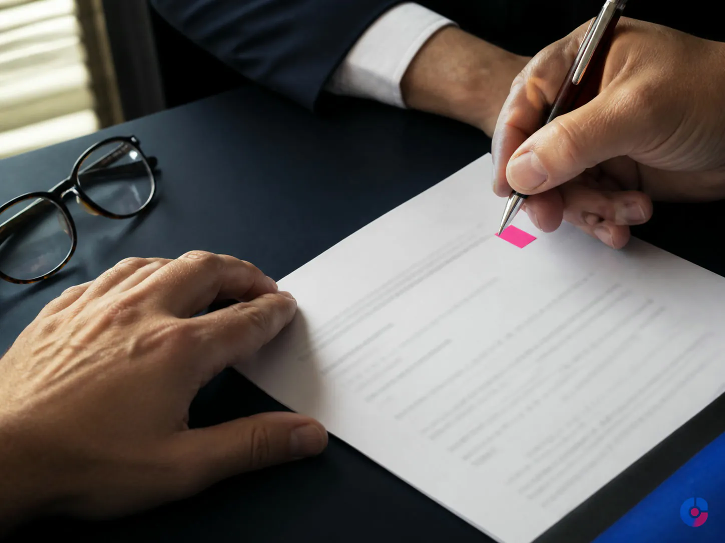 Hands signing a printed data handling agreement before a healthcare engagement begins