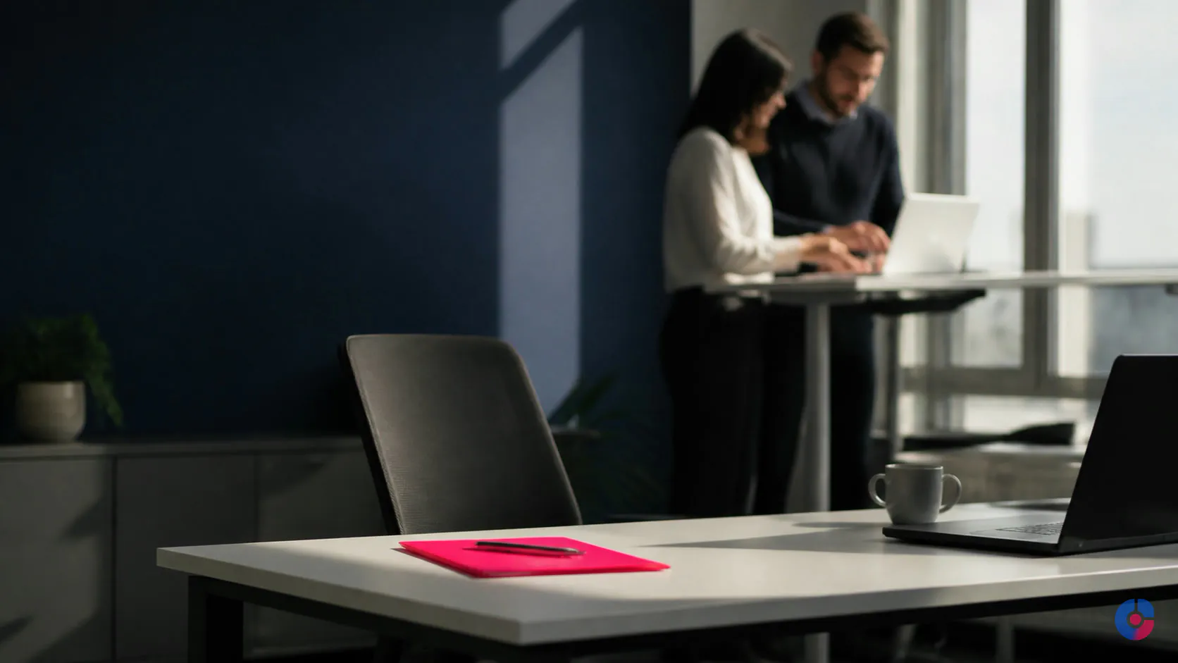 Empty workstation with colleagues continuing a critical process in the background