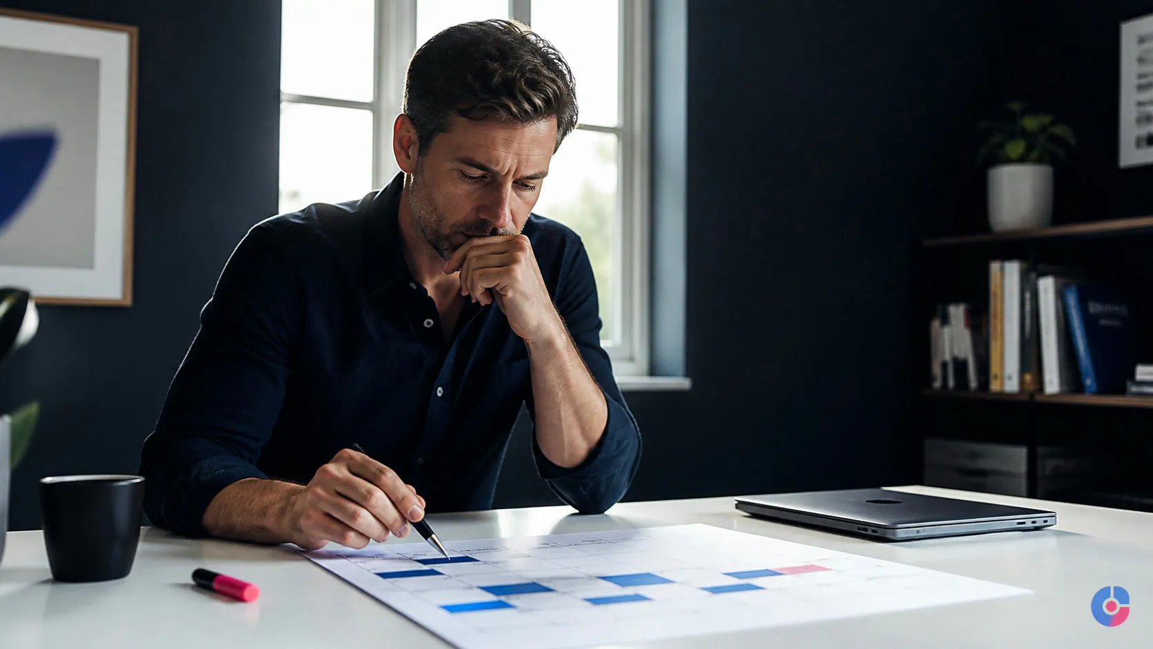 Business owner reviewing a printed weekly calendar during a personal time audit