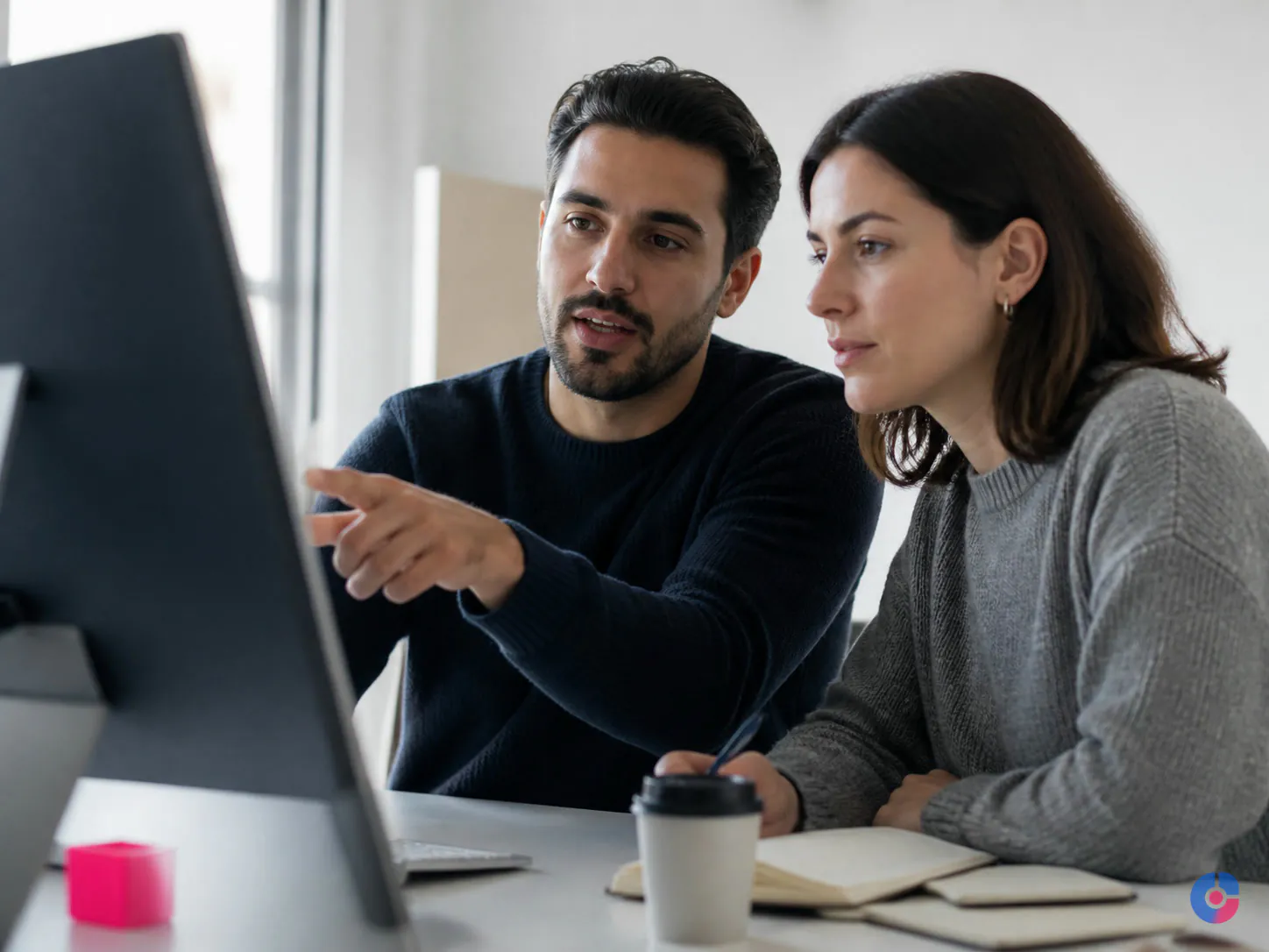 Colleagues reviewing business page admin roles together at a shared monitor