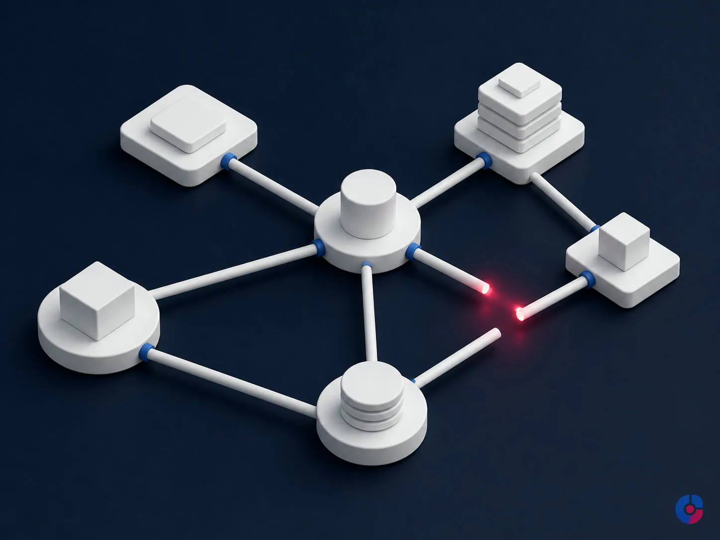 Isometric concept showing a broken link between connected business systems