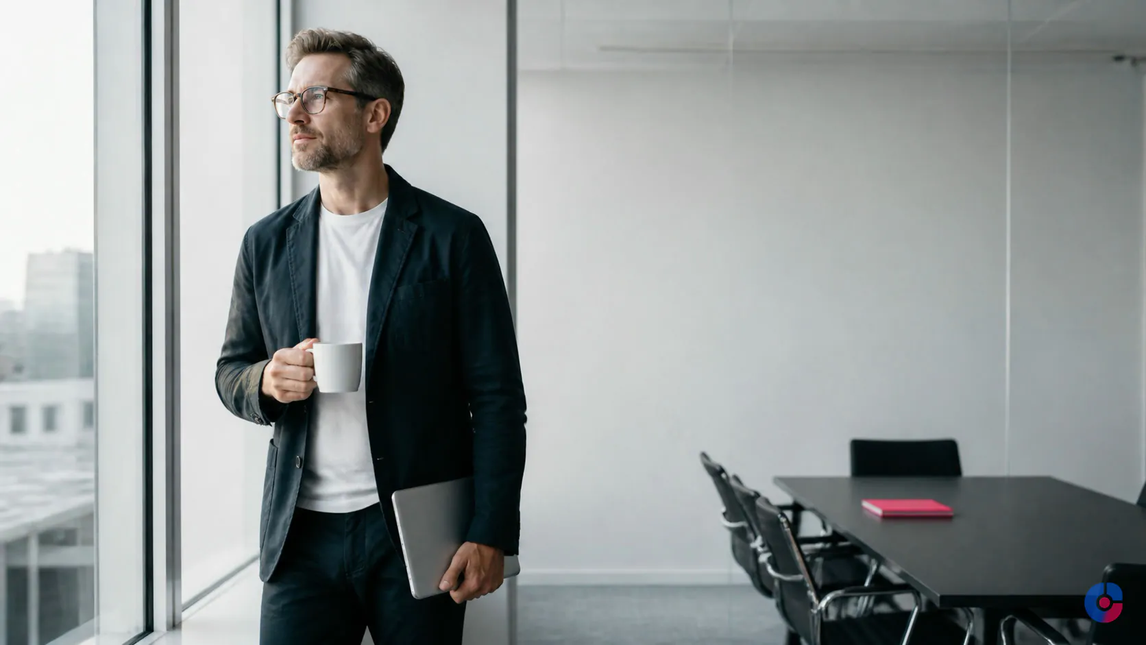Business owner pausing at a window before a deliberately planned working day