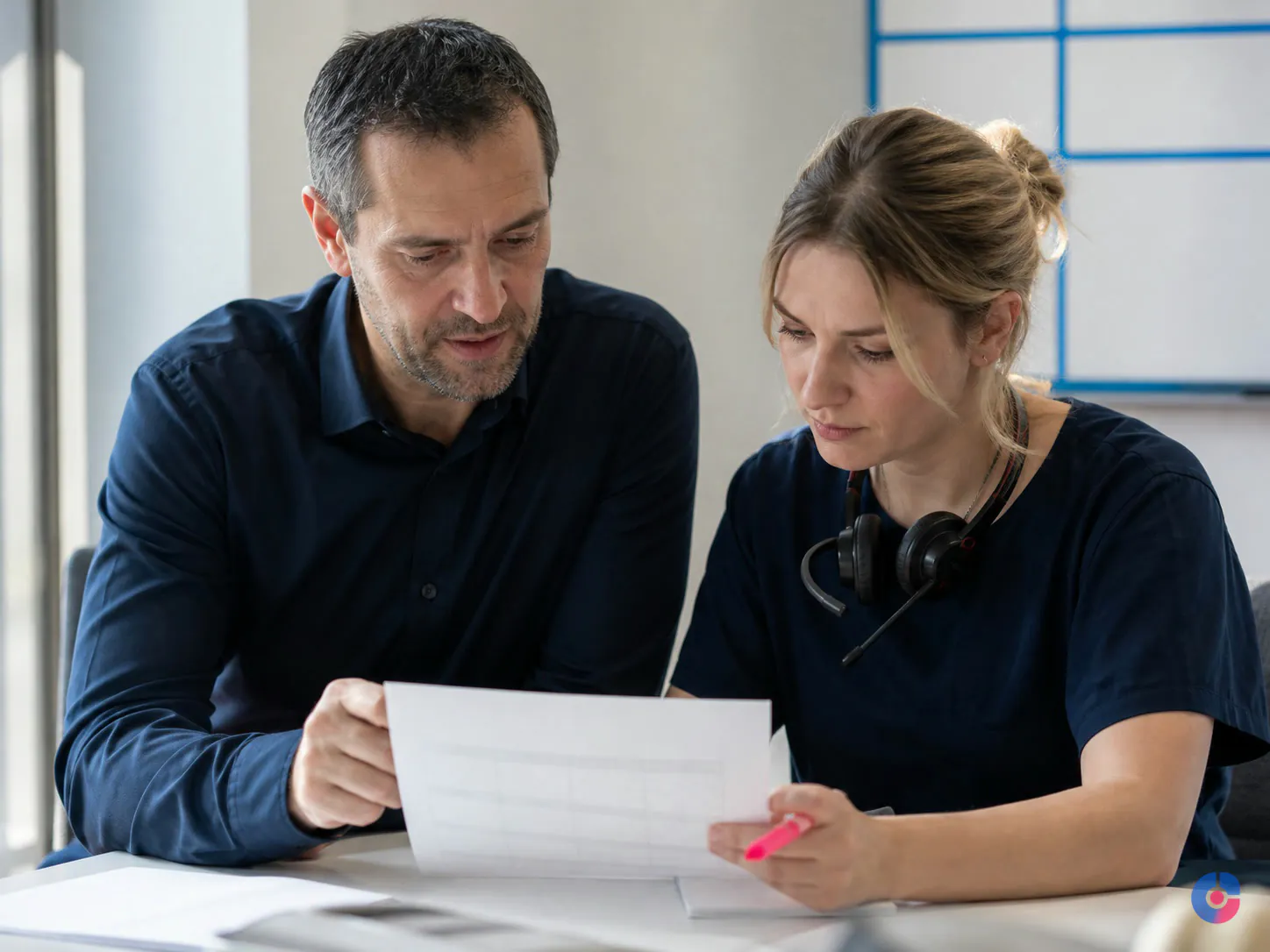 Supervisor coaching an appointment setter through a printed call quality scorecard