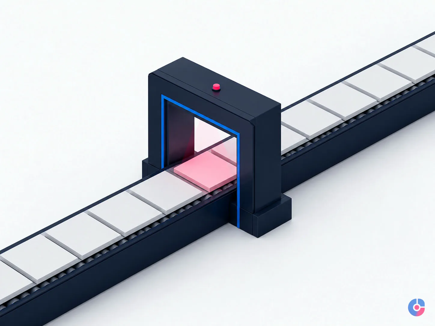 Isometric render of campaigns passing a quality assurance gate before going live