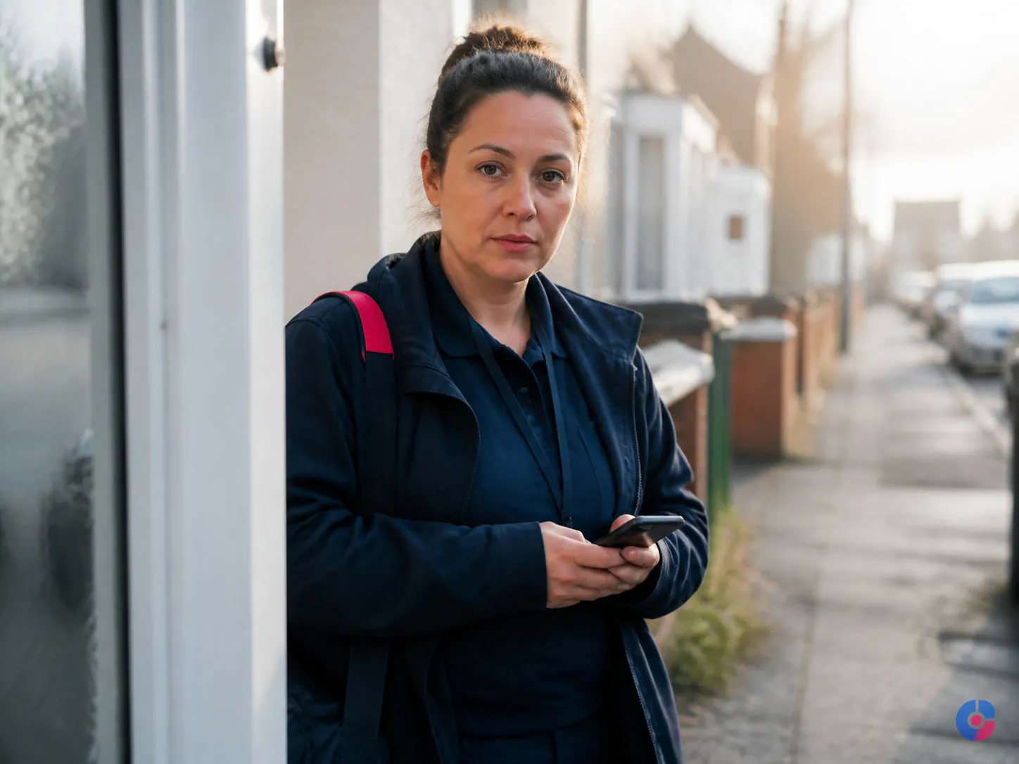 Home care caregiver checking in on a phone at a client doorstep before a visit