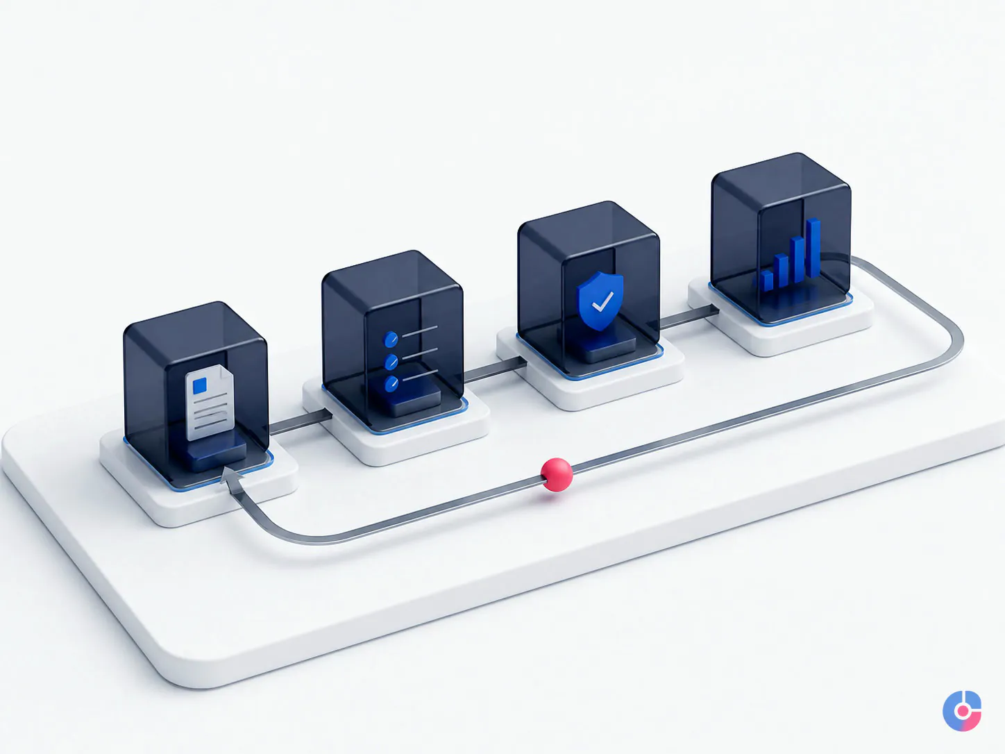 Isometric render of a claim lifecycle showing a denied claim looping back for rework