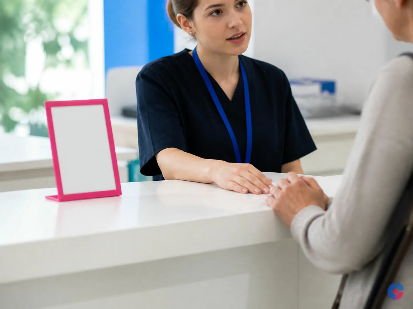Clinic staff member discussing coverage with a patient at the front desk