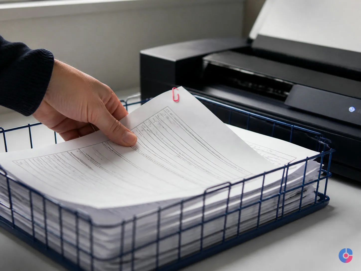 Hand lifting referral forms beside a scanner during clinic document intake