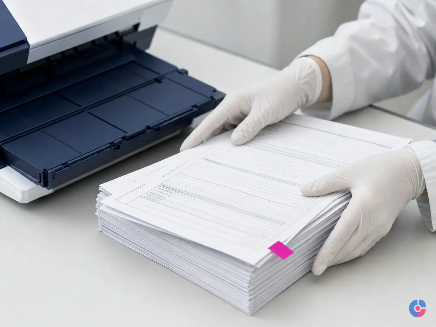 Stack of scanned medical forms with one page tabbed as an exception for review