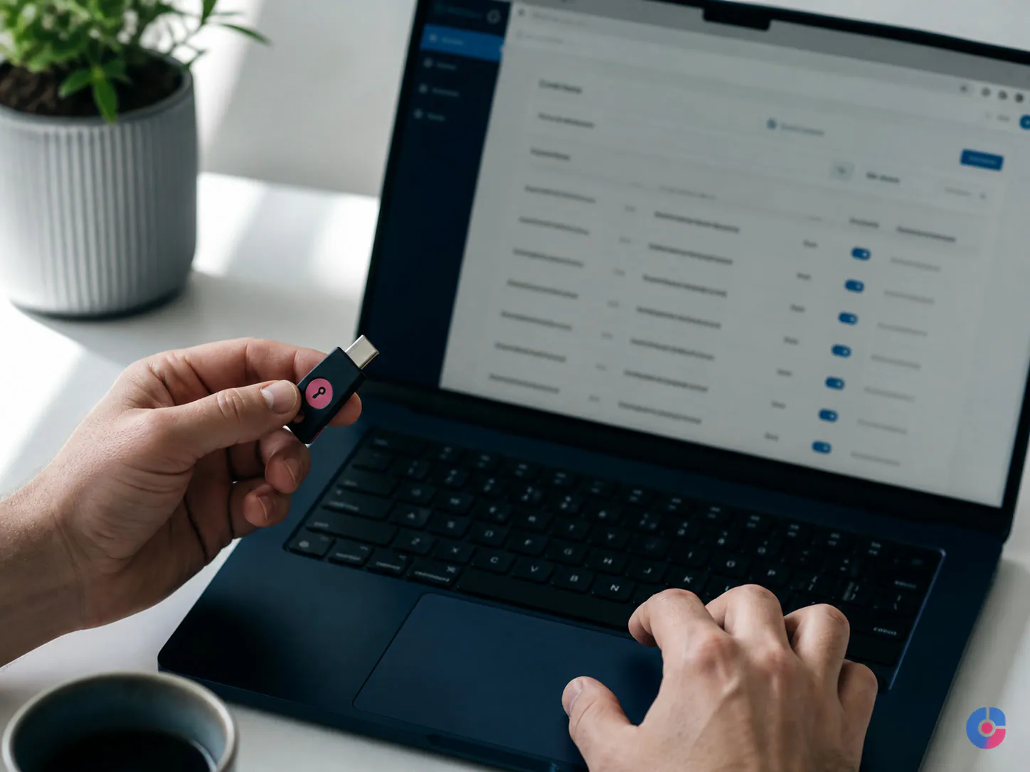 Hand holding a security key while reviewing a cloud access list on a laptop