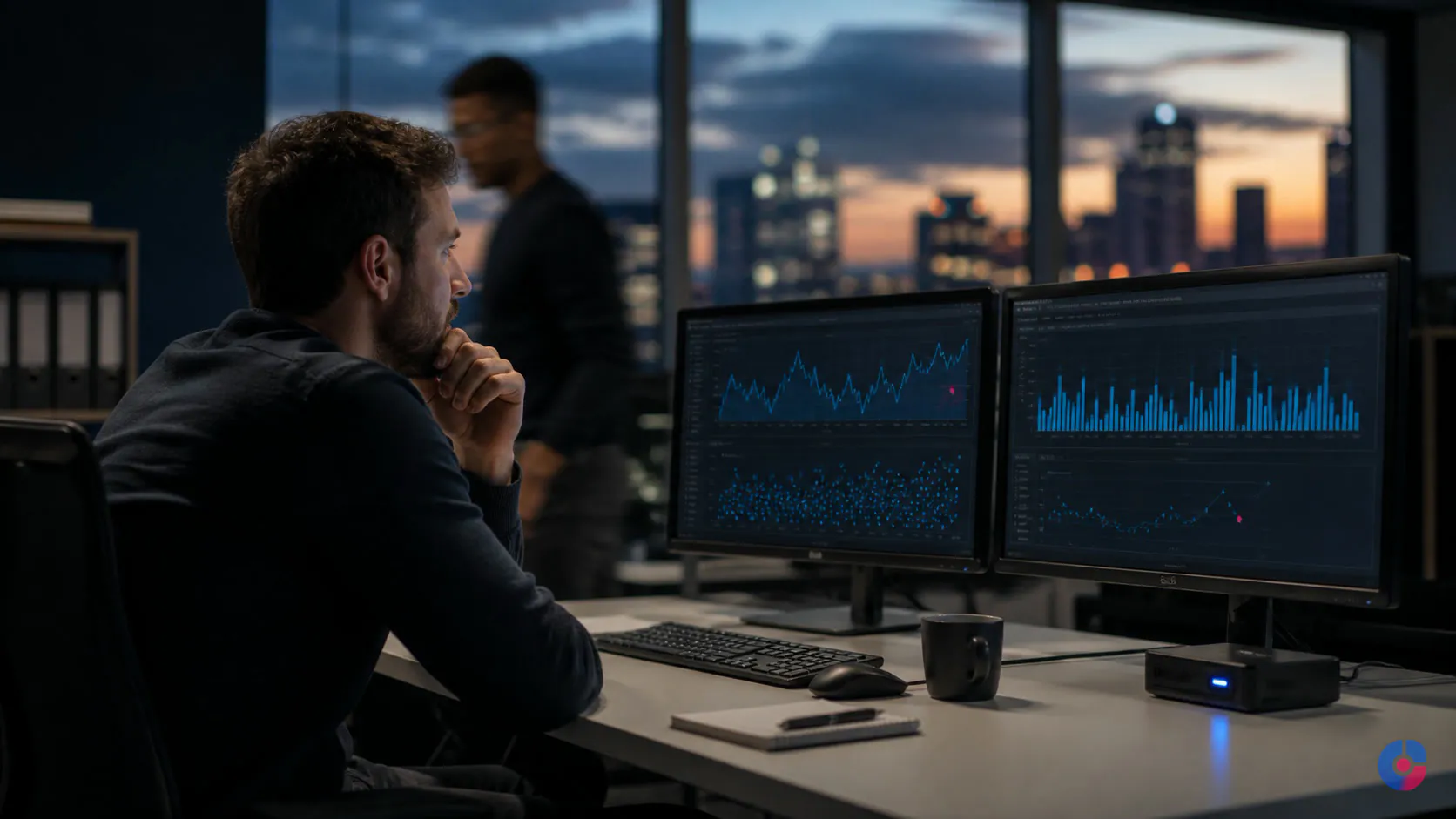 Engineer reviewing cloud infrastructure monitoring views at a two screen desk