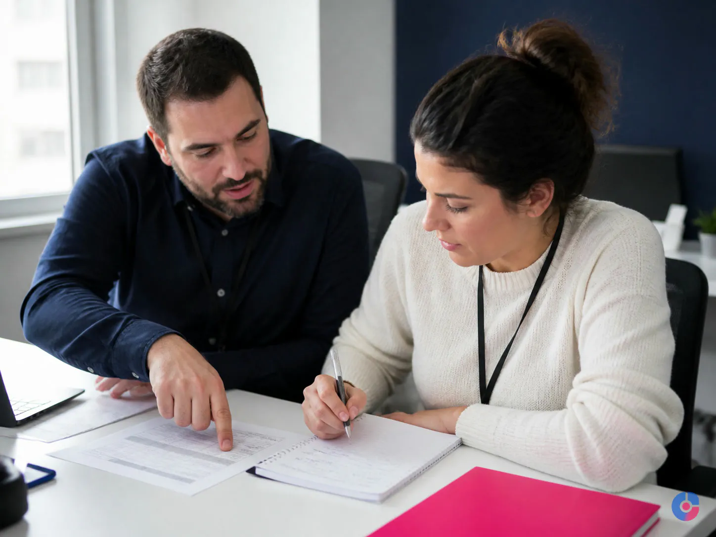 Team leader coaching a remote support agent through a printed quality review rubric