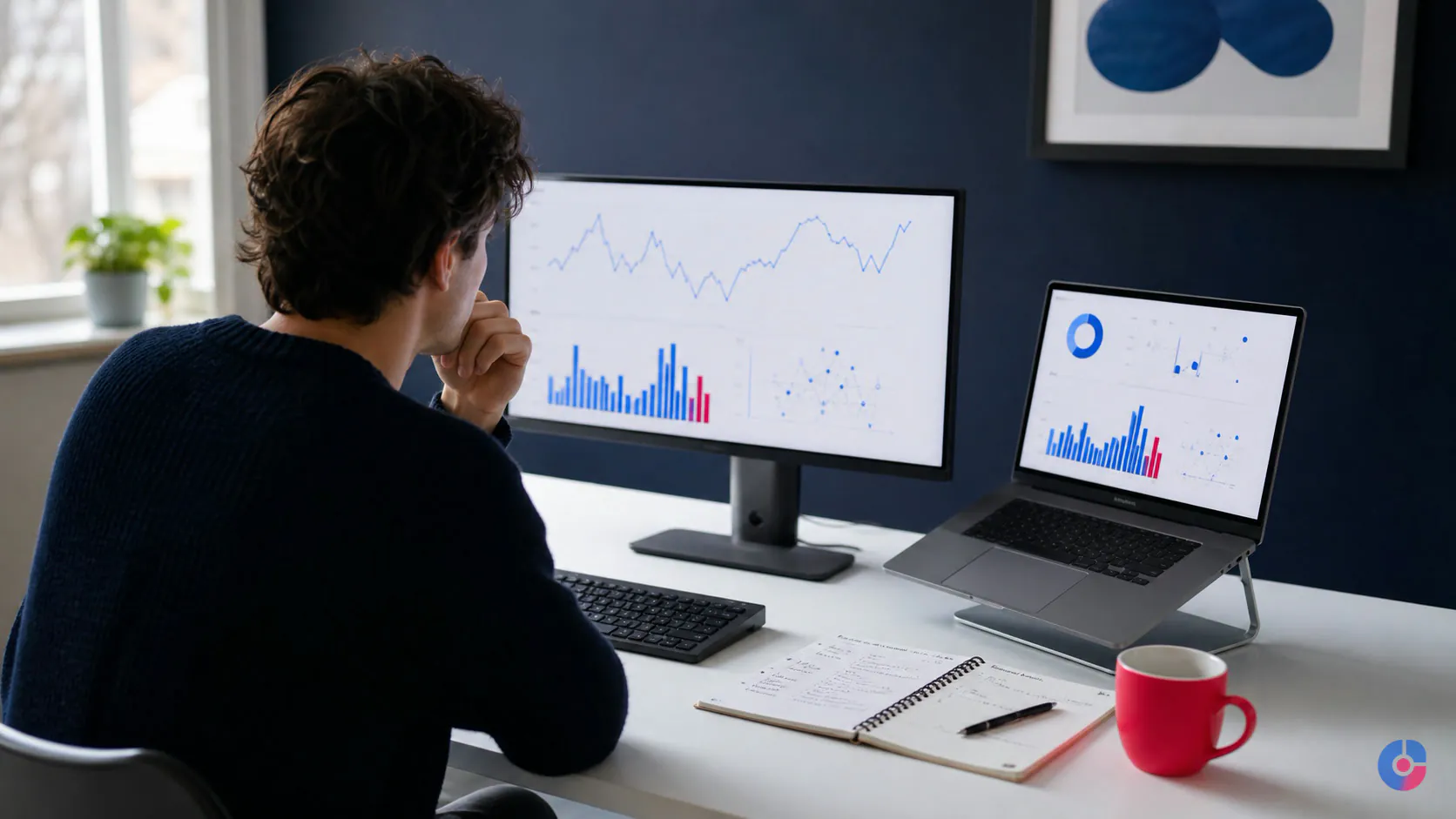 Outbound specialist reviewing cold email sending performance across two screens