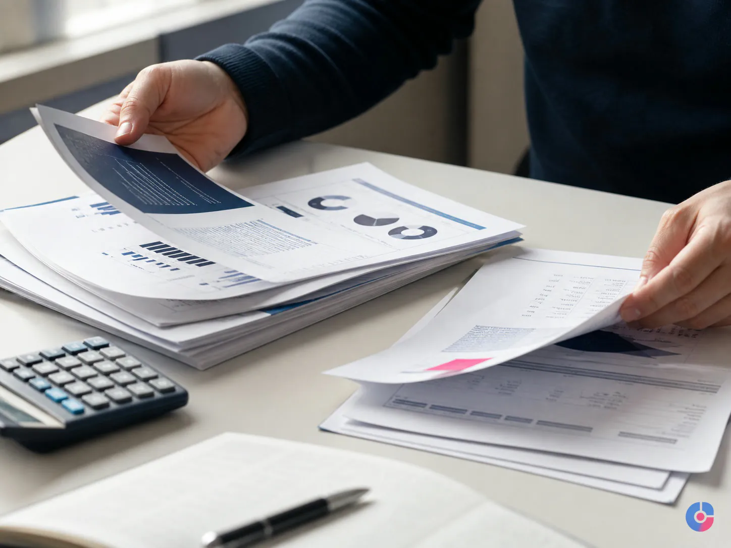 Hands sorting printed marketing reports while comparing paid and organic channel costs