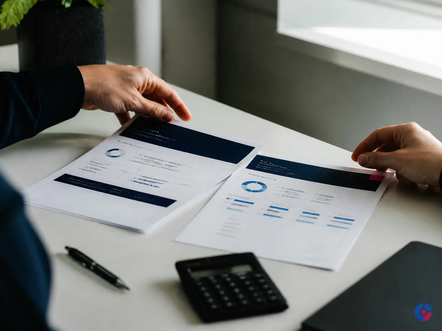 Hands comparing printed virtual assistant service proposals before choosing a model