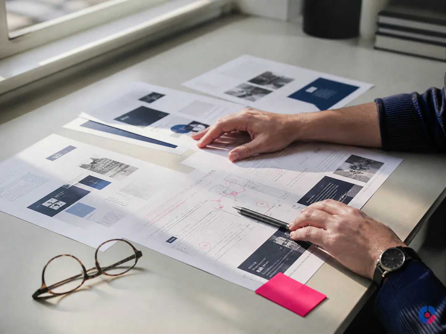 Hands comparing printed web development agency proposals on a desk before choosing a vendor