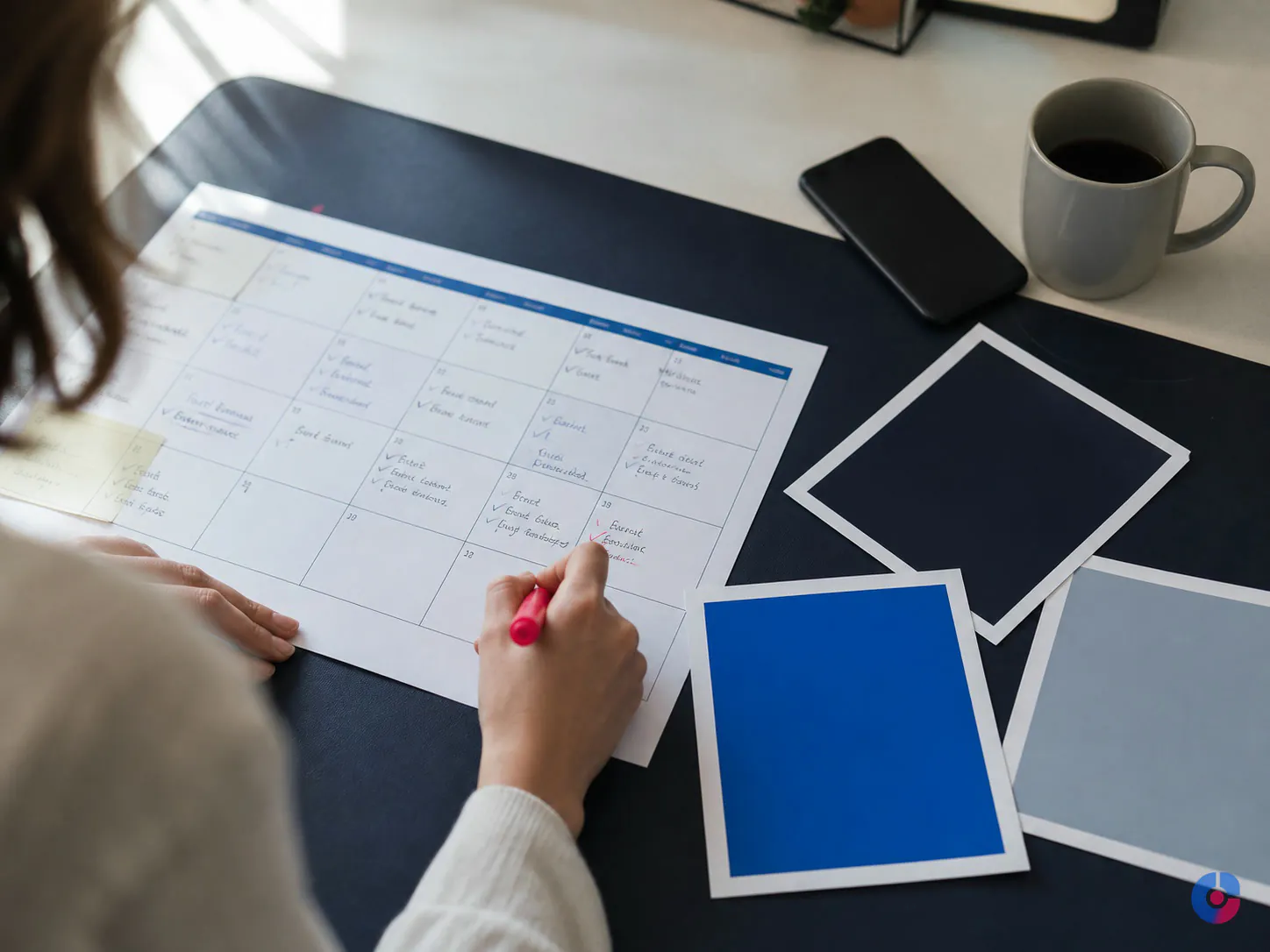 Content calendar and creative mockups laid out for a beauty brand campaign