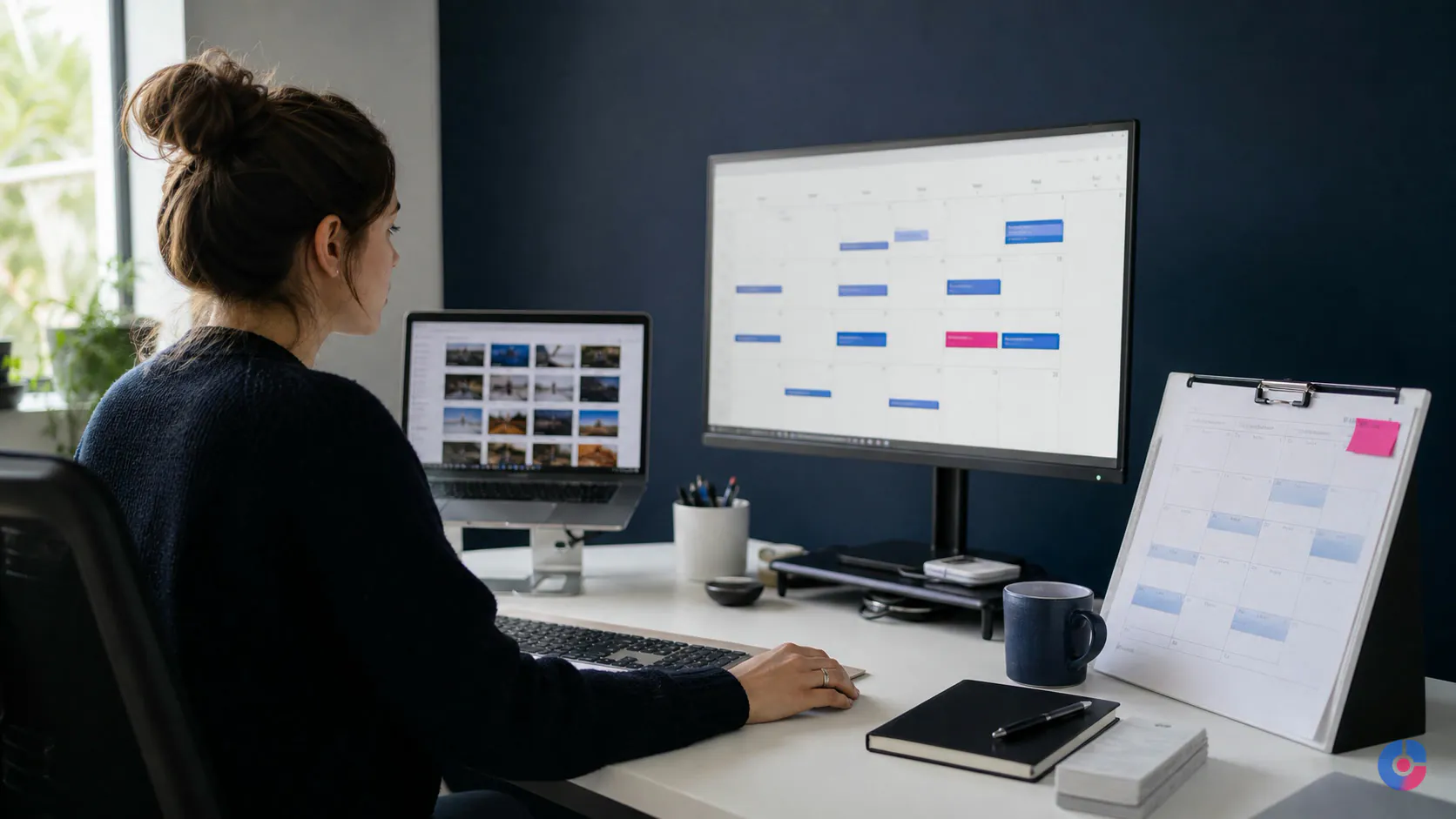 Content coordinator managing a monthly publishing calendar at a two screen desk