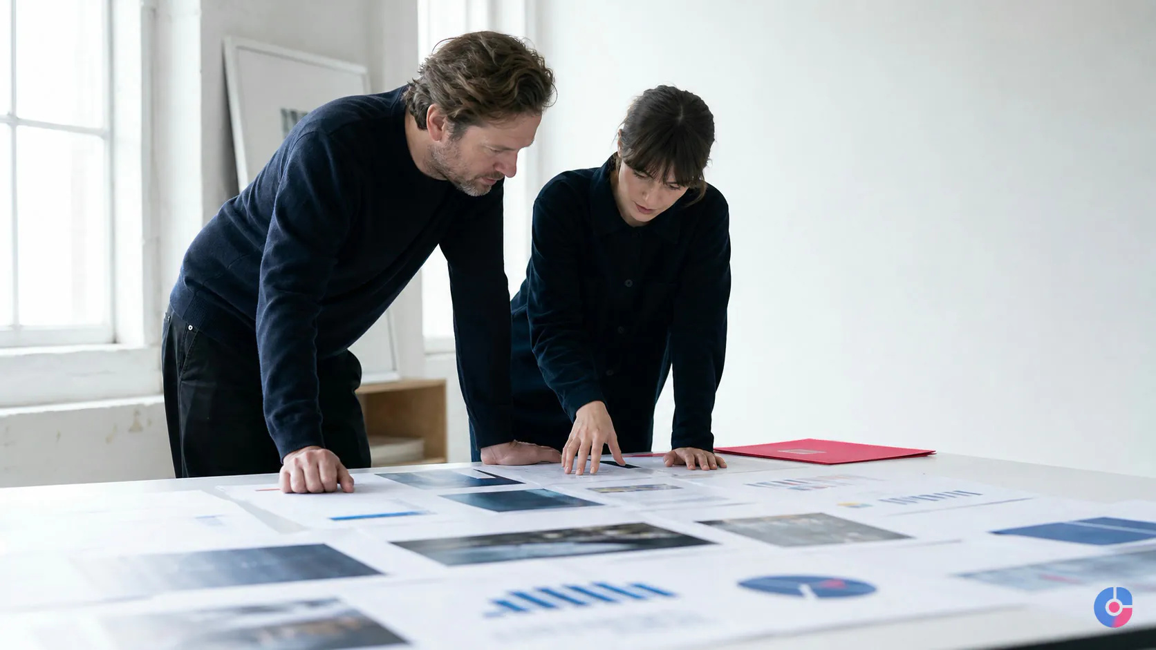Content lead and publishing assistant reviewing planned assets across a studio table