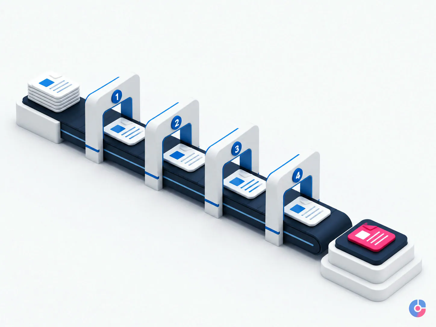 Isometric production line showing drafts passing quality gates before going live