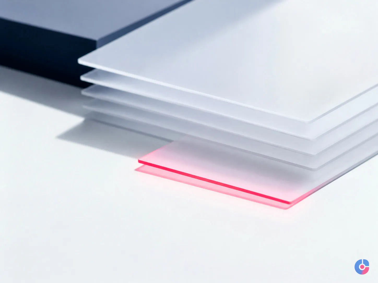 Abstract stacked sheets with one drawn forward representing a refreshed blog post