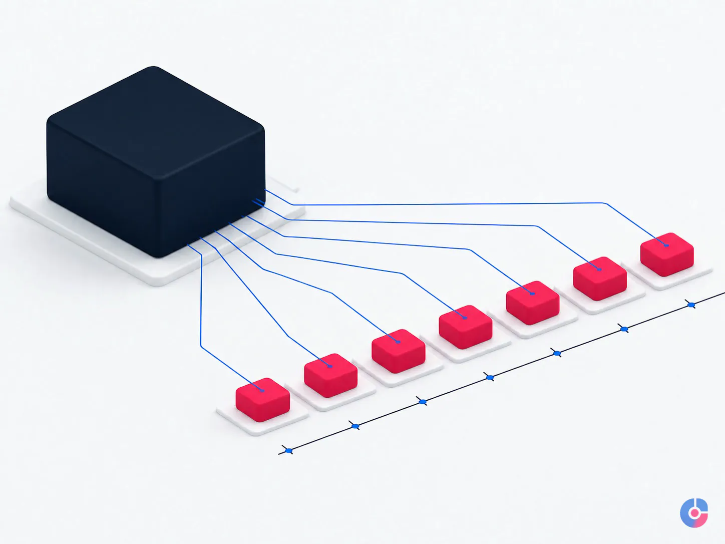 Isometric diagram of one content asset being repurposed into a week of social posts