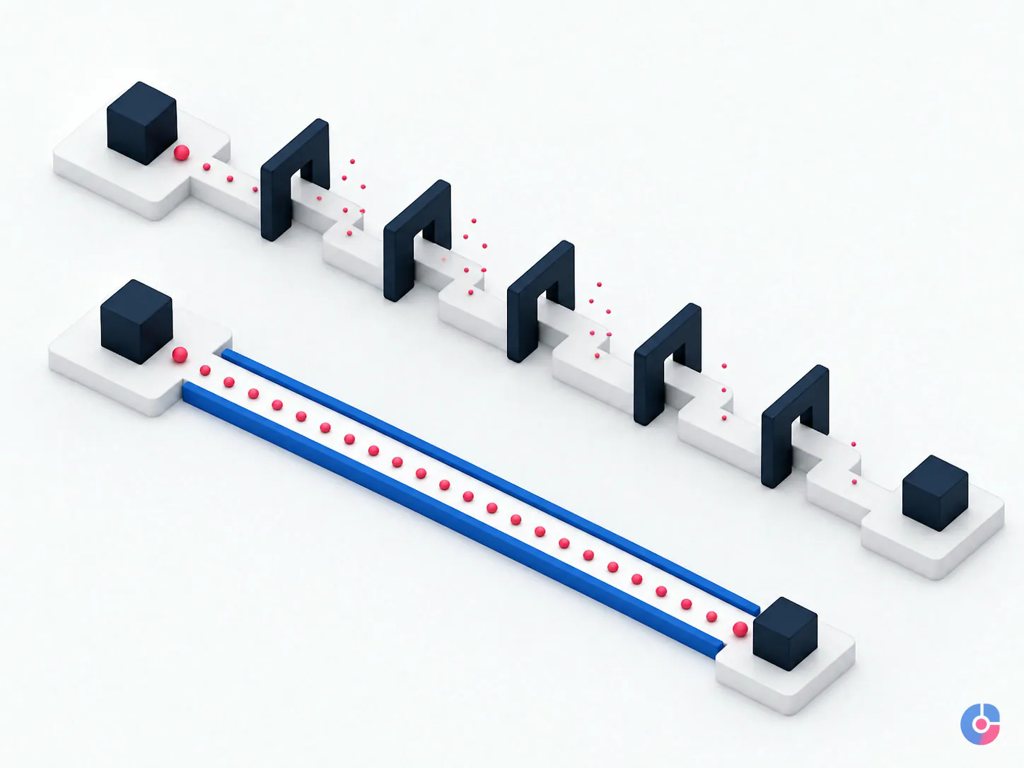 Isometric comparison showing context lost across handovers versus retained by dedicated staff