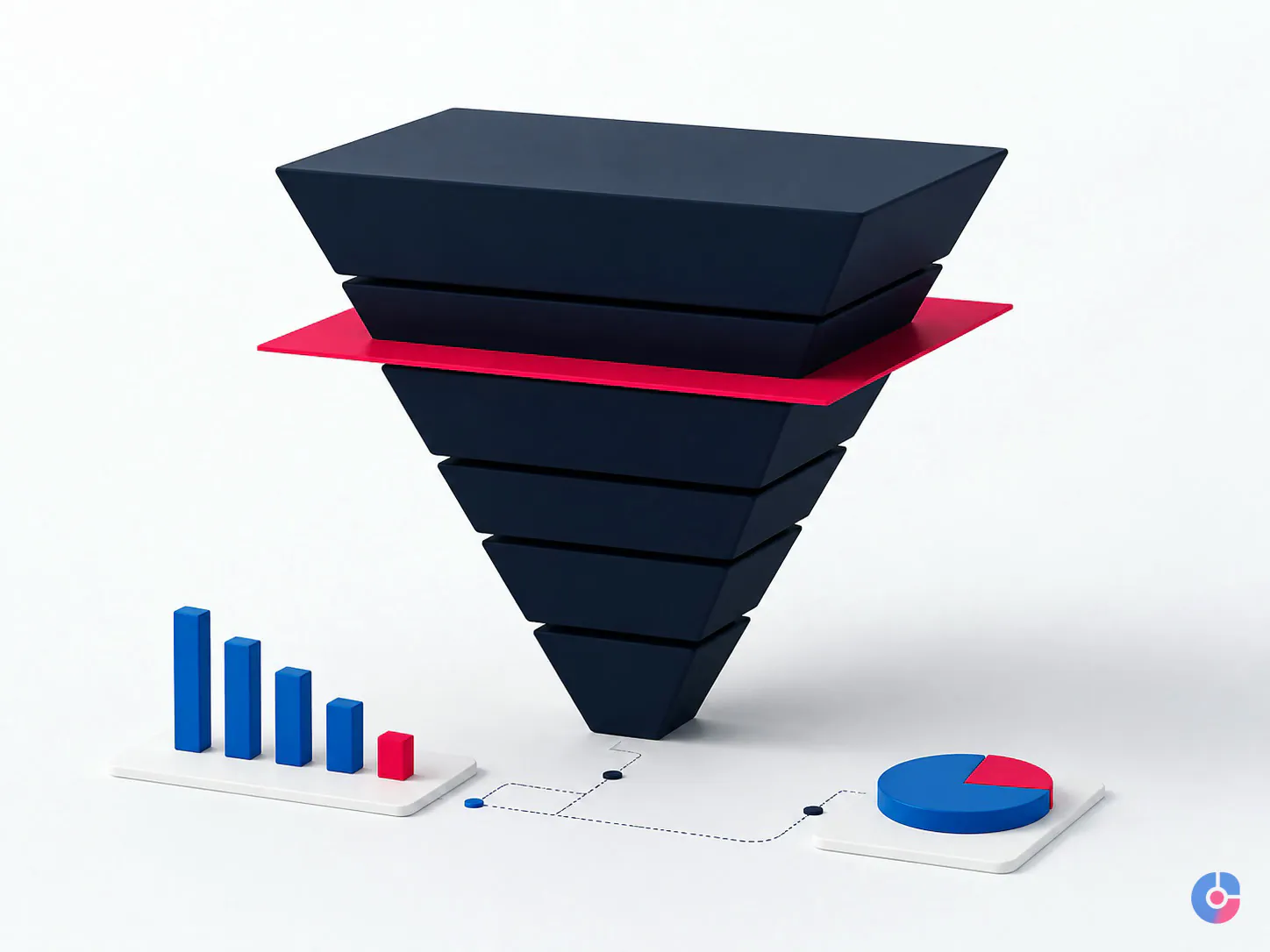 Isometric render of a funnel with a cost per acquisition ceiling above one tier