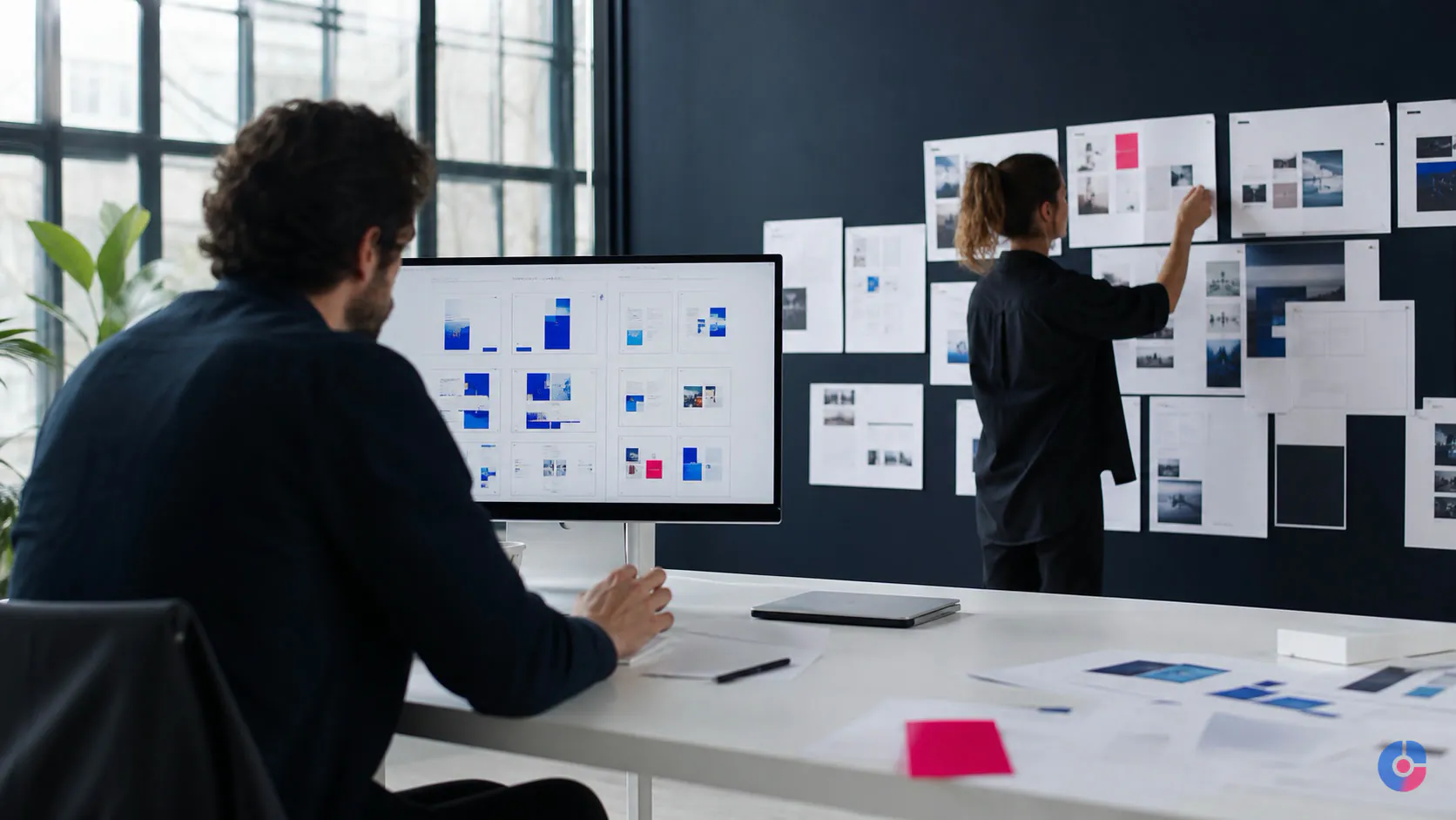 Designers reviewing layout variations and printed proofs in a bright design studio