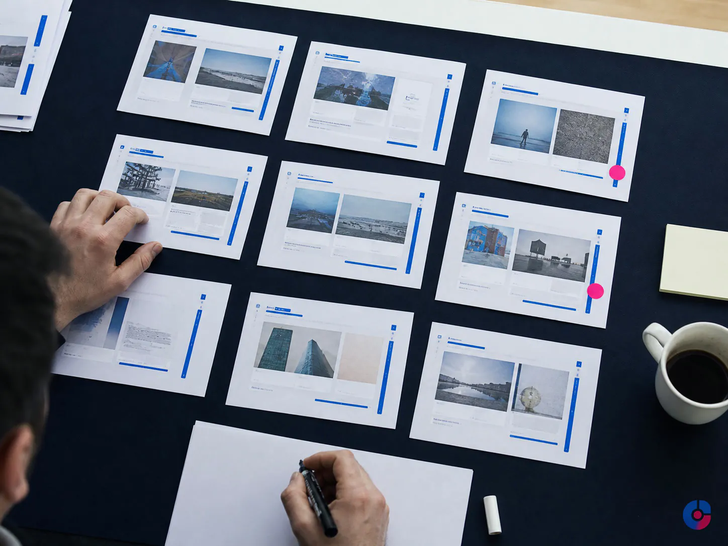 Printed creative variations arranged for a weekly paid social testing cycle