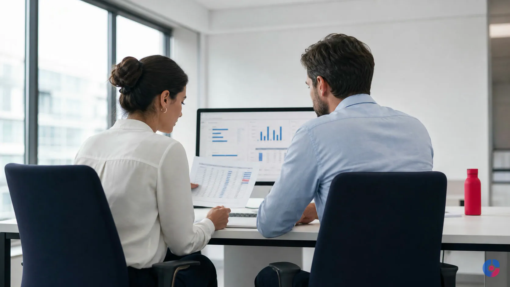 Sales manager and operations colleague reviewing CRM pipeline records together
