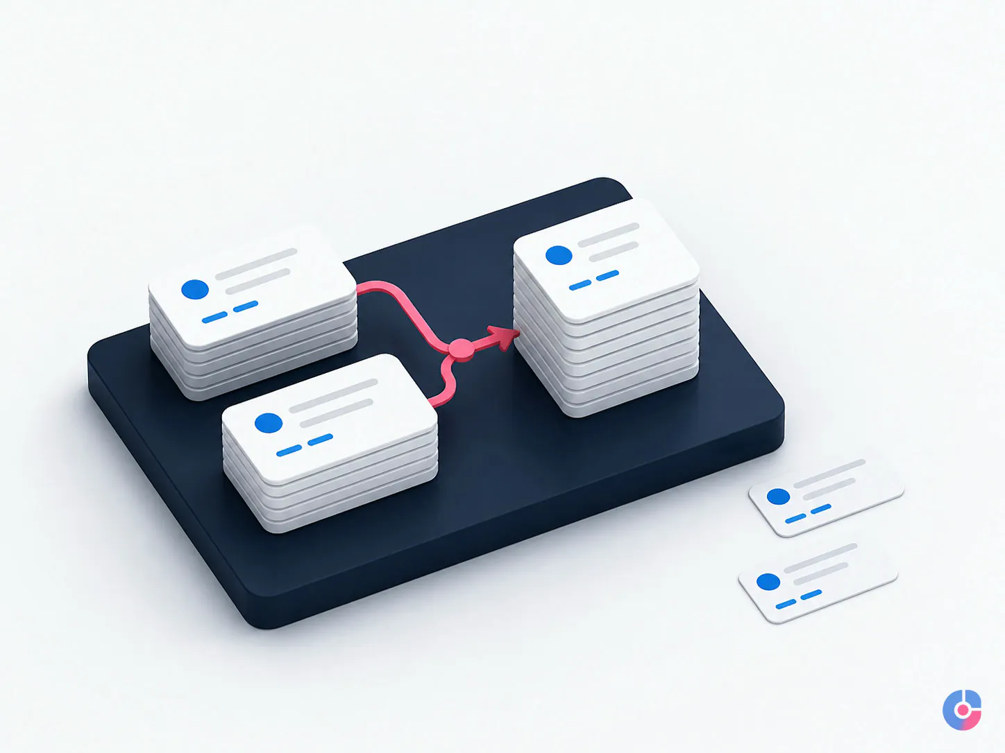 Isometric render of duplicate CRM records merging into a single clean record