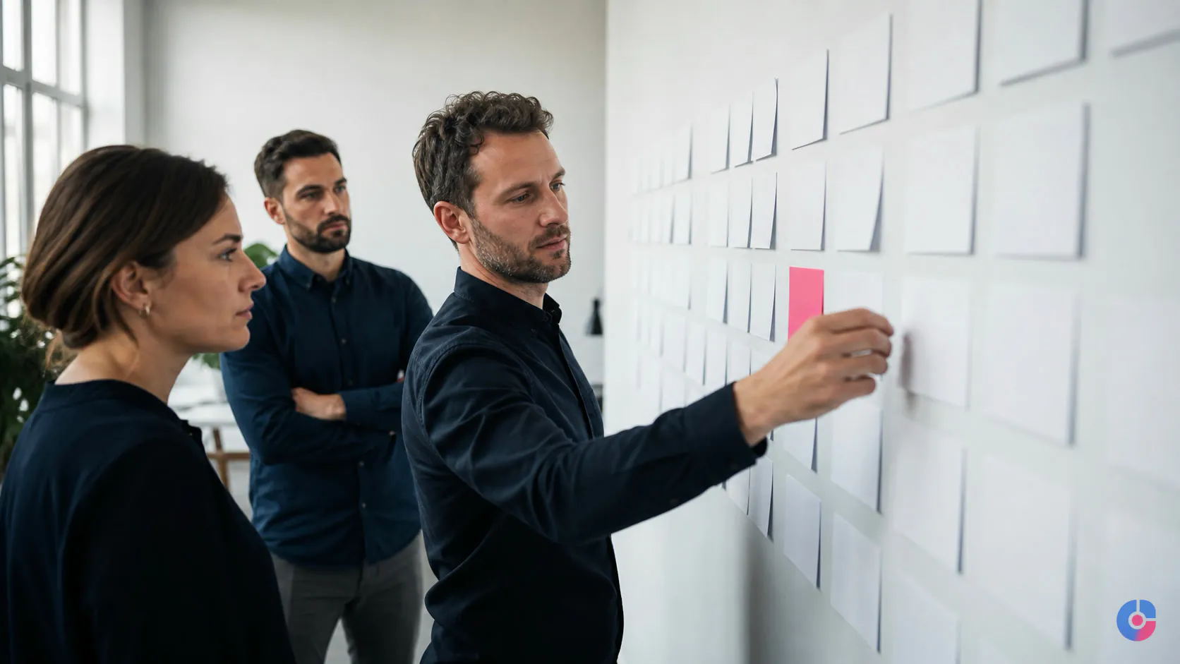 Sales team moving a deal card between pipeline stages on a wall board
