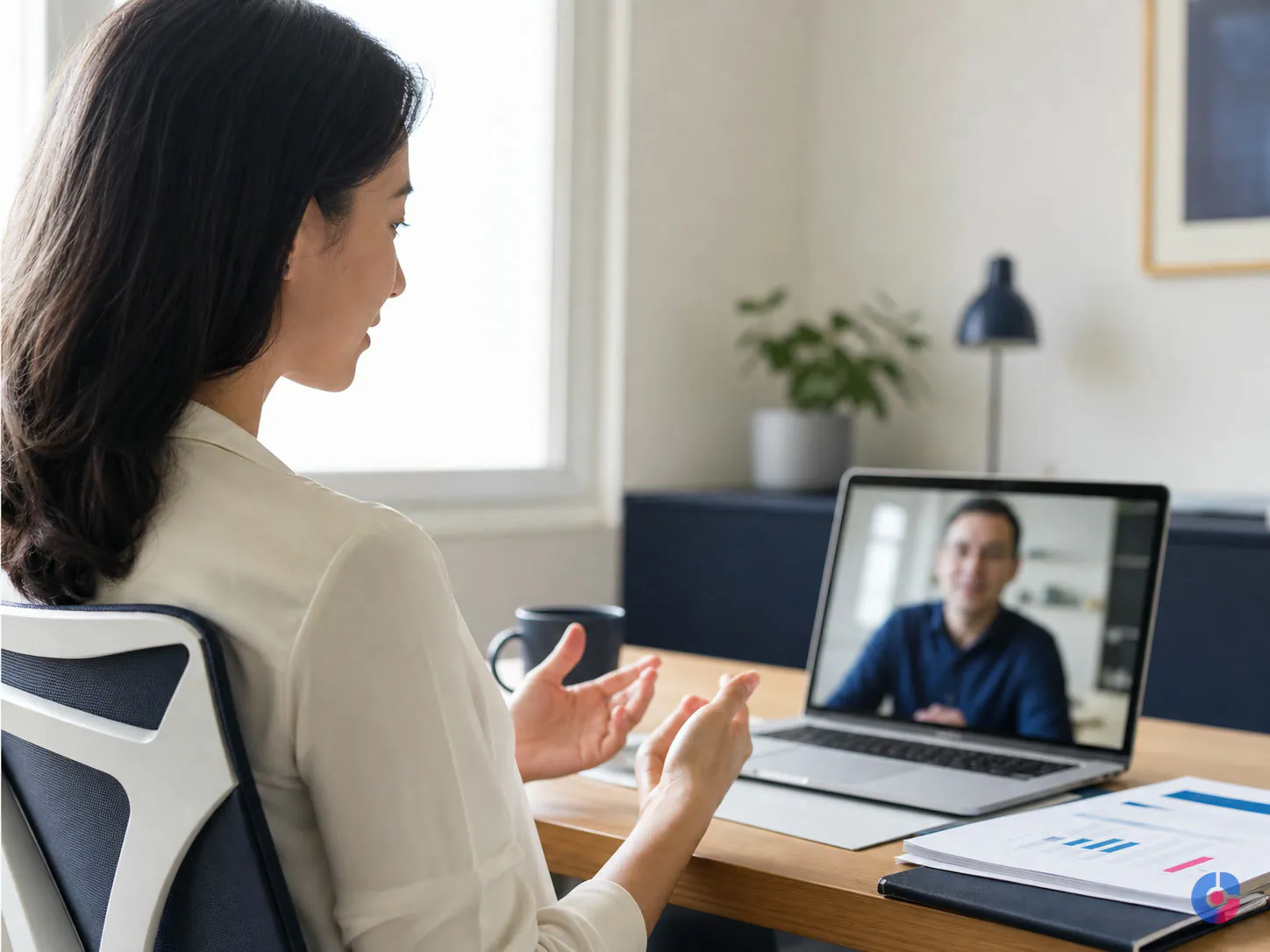 Colleagues meeting during the daily overlap window between two time zones