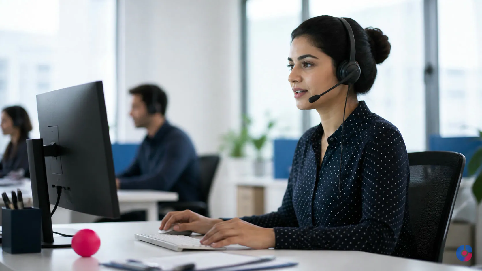 Customer care representative handling a call calmly at a well organised workstation