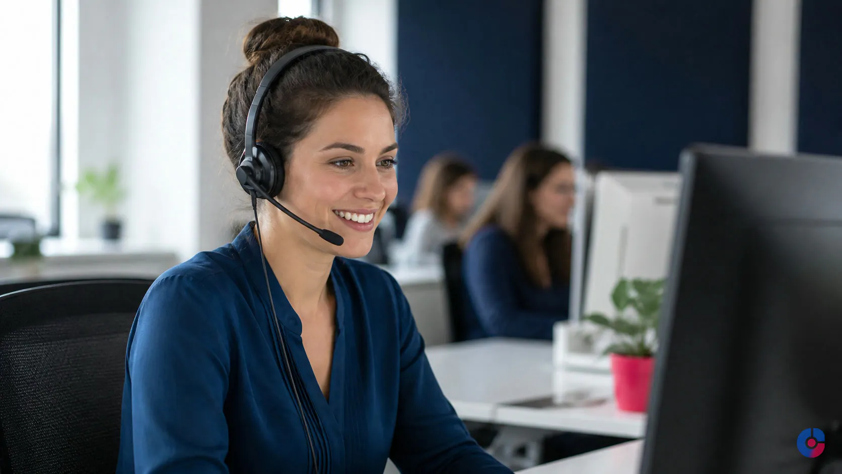 Customer care representative wearing a headset at a bright office workstation