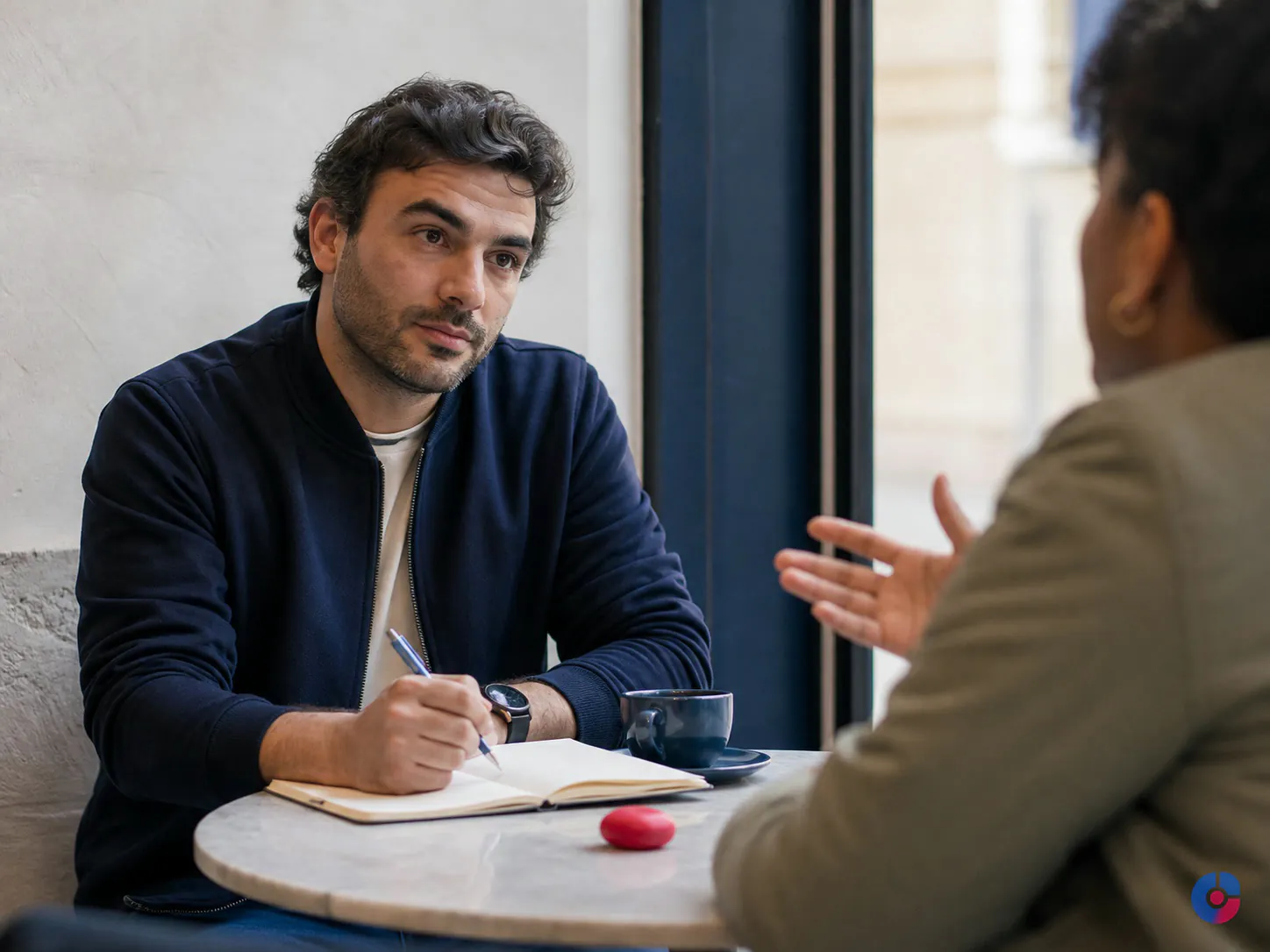 Founder interviewing a prospective buyer to validate a digital business offer