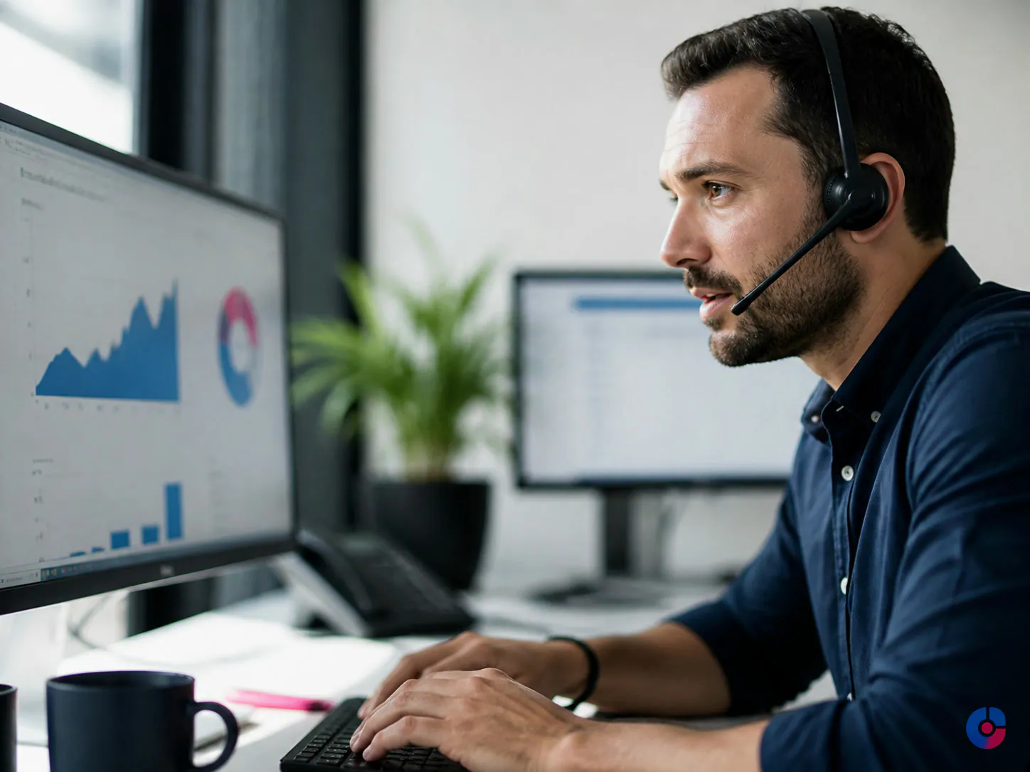 Support agent with headset handling a live customer conversation