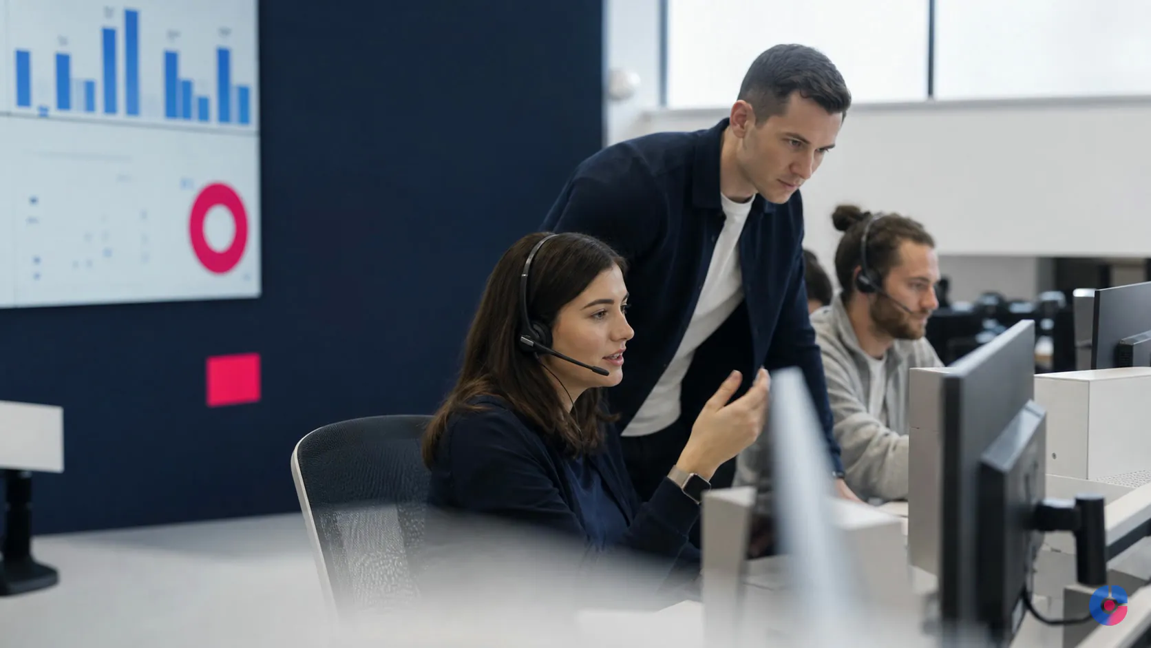 Outsourced customer support team handling queries at a calm shared workspace