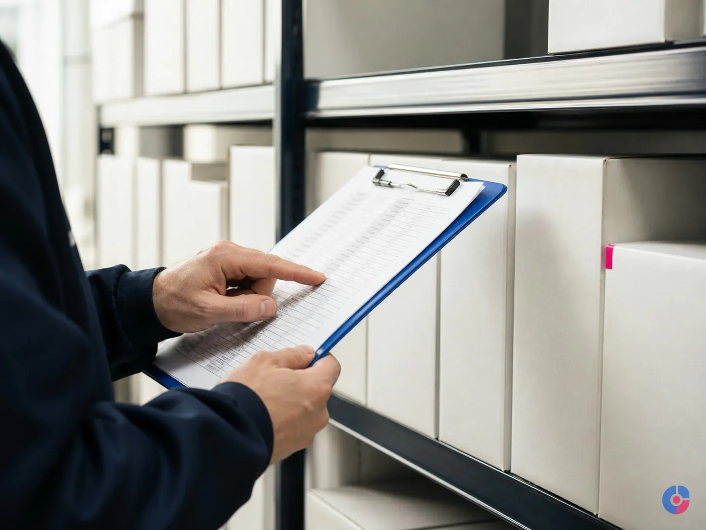 Hands with a count sheet checking cartons on a shelf during a cycle count
