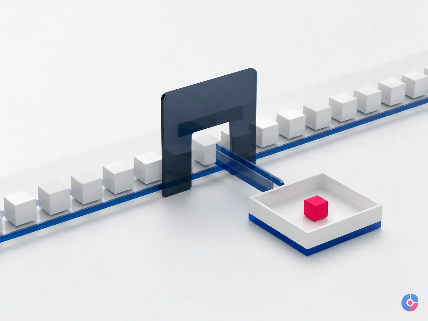 Abstract render of a verification step diverting an incorrect record from a clean data stream