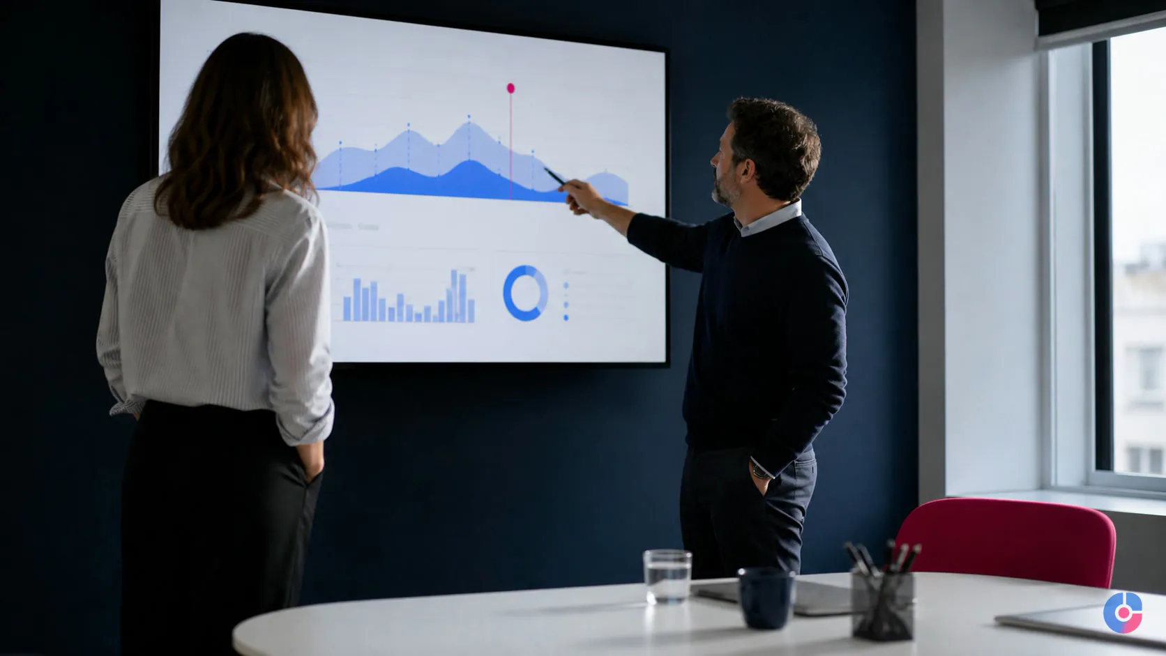 Analysts discussing business performance data on a wall display during a review meeting
