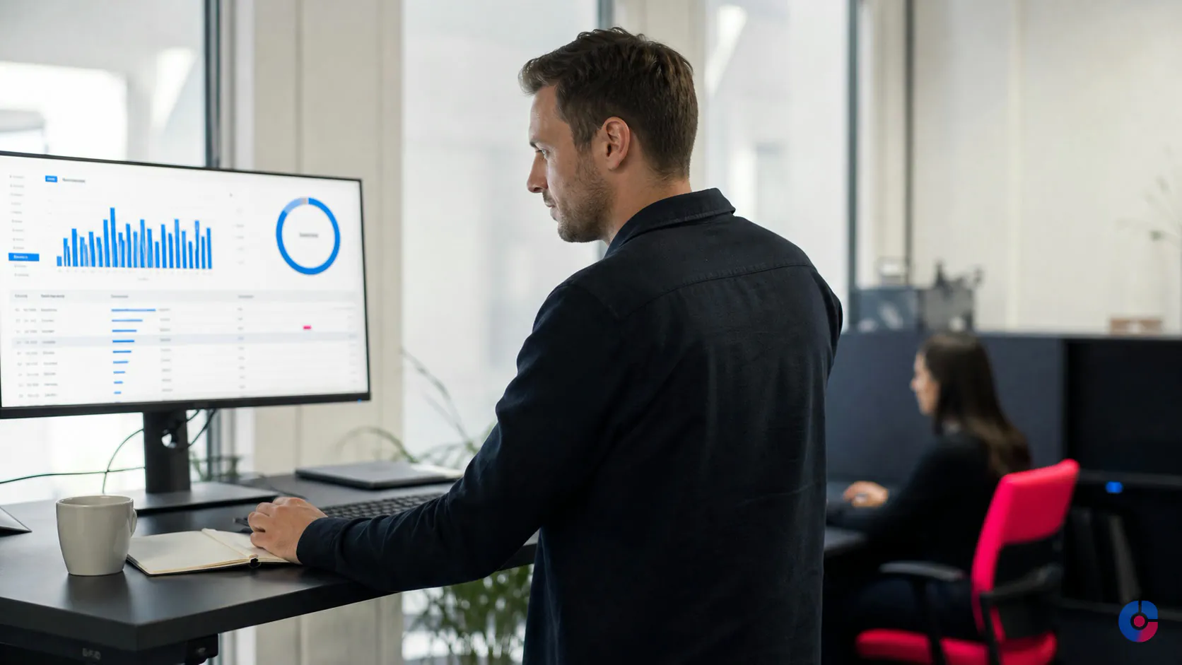 Sales operations analyst reviewing an enriched B2B prospect list on a wide monitor