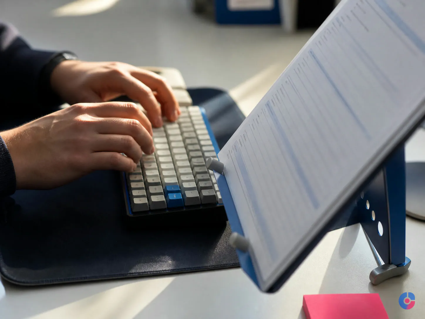 Close view of hands keying data from a printed form beside a document stand