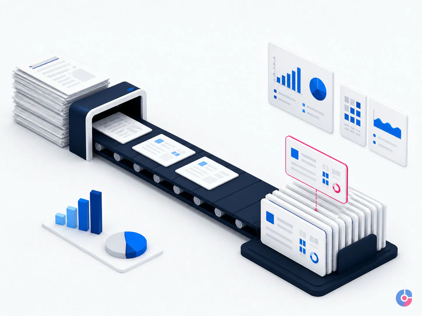 Isometric workflow showing paper documents converted into structured digital records